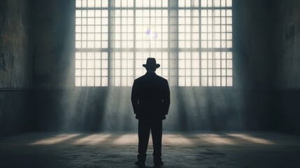Fototapeta premium Silhouetted man in suit and hat stands in a large, dark room with a large window.