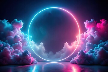 Obraz premium Enigmatic Neon Circle Glowing in a Dreamlike Cloudscape with Reflective Surface