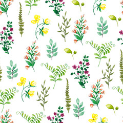 Seamless pattern of flowers and leaves. Watercolor illustration.