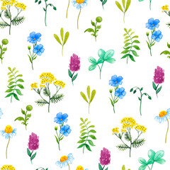 Seamless pattern of flowers and leaves. Watercolor illustration.