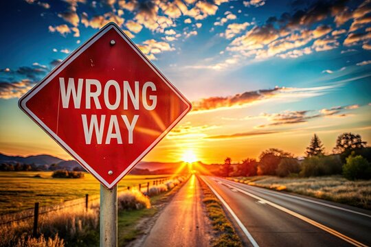 Silhouette of Wrong Way Sign with Glare at Sunset, Highway Warning