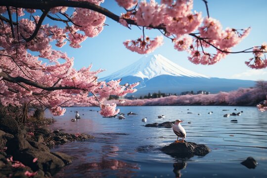 Ethereal Beauty: Cherry Blossoms by the Lake with Mount Fuji in the Background