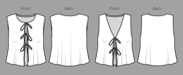 Vector v neck sleeveless top fashion CAD, woman crop round neck blouse technical drawing, template, mock up, sketch. 2 pieces knit vest with ties technical flat front, back view, white color