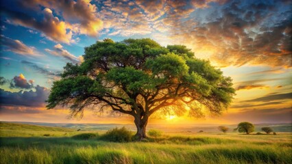 Fototapeta premium Majestic Oak Tree Silhouetted Against a Vibrant Sunset Sky Over Rolling Green Fields
