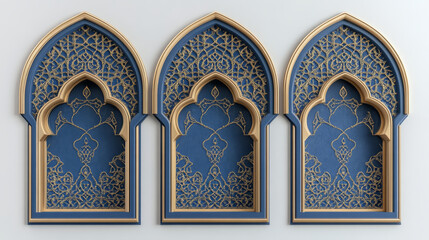 Arab frame in form of traditional shape window for header and text congratulation. Realistic vector illustration set of blue arch border with golden decoration. Simple text box and banner template.