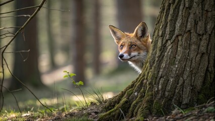 Illustration of a fox peeking from behind a tree trunk, fox, hidden face