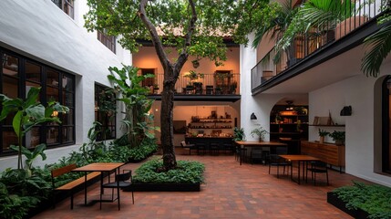Fototapeta premium Serene Indoor Courtyard with Lush Greenery and Cozy Seating Arrangements