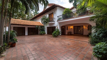 Fototapeta premium Elegant Spanish-Style House with Lush Greenery and Courtyard Space