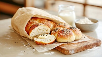 Variation of bread rolls or buns with butter and assorted seeds with breadbag