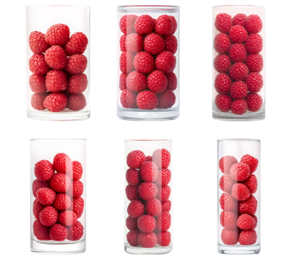 Collection of various a tall glass vase filled with stacked fresh raspberries isolated on white transparent background PNG set