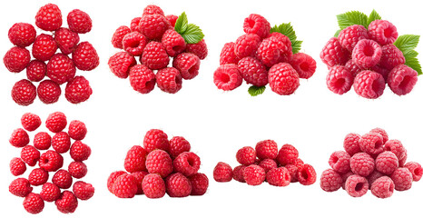 Collection of various a pile of fresh raspberries with dewdrops glistening on the surface isolated on white transparent background PNG set