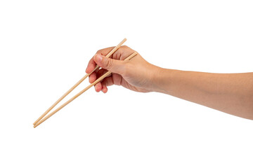 Wood chopsticks for rice and hand on a transparent background