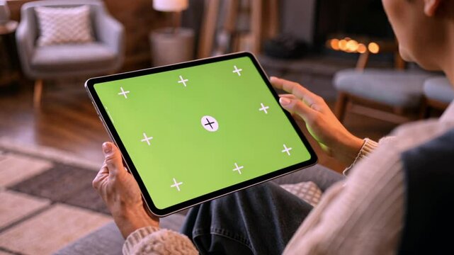 A person holding a modern tablet with a bright green screen and tracking markers for vfx work. 4k footage.