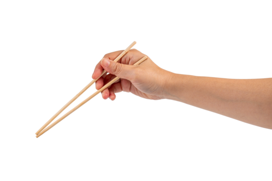 Wood chopsticks for rice and hand on a transparent background