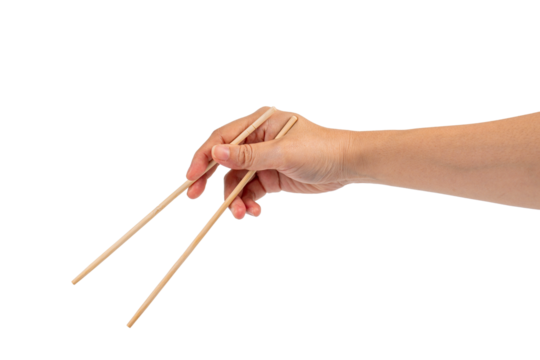 Wood chopsticks for rice and hand on a transparent background