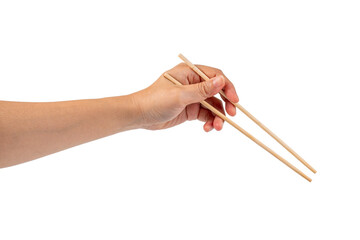 Wood chopsticks for rice and hand on a transparent background