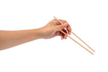 Wood chopsticks for rice and hand on a transparent background