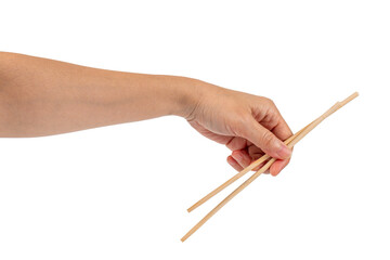 Wood chopsticks for rice and hand on a transparent background