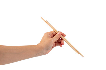 Wood chopsticks for rice and hand on a transparent background