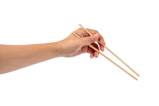 Wood chopsticks for rice and hand on a transparent background