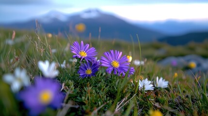 Alpine wildflowers bloom at sunset, mountains in background; nature photography