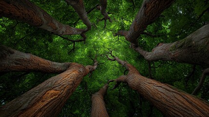 Tall Trees with Green Canopy Viewed from Ground Perspective