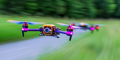 fpv drone racing with racing drone being flown by drone pilot wearing VR headset