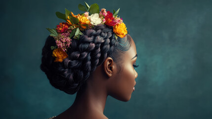 Elegant braided updo adorned with vibrant floral accents for formal celebrations
