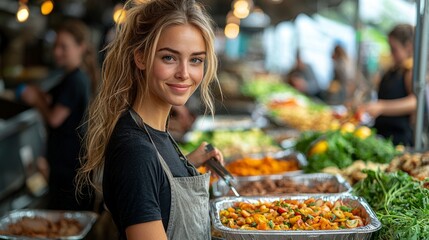 A volunteer helping to serve food at a Christian charity event, with people in need being served with kindness and compassion, symbolizing Christian service and love for others