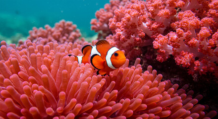 A close-up of a clownfish against a colorful coral reef backdrop, showcasing bright reds, pinks, and yellows