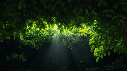 Fototapeta premium Sunlight Filtering Through Lush Leaves in a Dense Forest Canopy