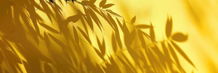 Abstract silhouette of the shadow from the natural leaves of a tree branch on a yellow wall. Atmospheric background of a sunny summer day.