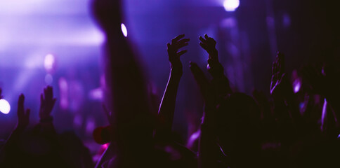 Crowd at concert. Stage lights and hands in the air. People enjoying the party. Fans enjoying music...