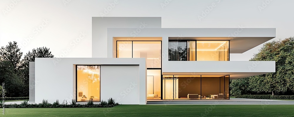 Poster minimalist home idea. modern minimalist house design with large windows and elegant lines in a seren