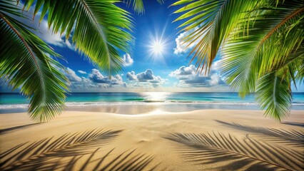 Tranquil Beach Scene Palm Fronds Frame a Sunny Ocean Vista, Golden Sand Beckons, Gentle Waves Lap the Shore