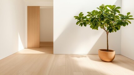 Spa inspired design minimalist concept. A stylish indoor setting featuring a vibrant potted plant and minimalistic decor.