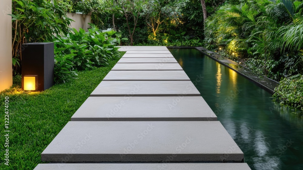 Poster spa inspired design minimalist concept. serene pathway surrounded by lush greenery and tranquil wate