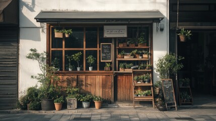 Charming small plant shop with wooden exterior and various potted plants.