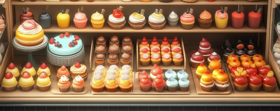 Sweet dessert shop interior flat design top view cozy theme 3D render