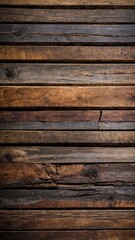 A close-up view of a dark table made of wood planks arranged horizontally. The surface of the table is aged and textured, with natural wood grain patterns. Grunge wooden 9:16 background.