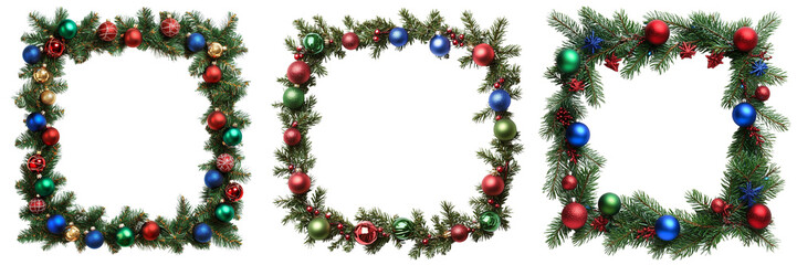 Set of Christmas tree with ornaments and fairy lights, with a wooden photo frame on the floor filled with a family portrait on transparent png background