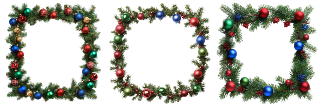 Set of Christmas tree with ornaments and fairy lights, with a wooden photo frame on the floor filled with a family portrait on transparent png background - Powered by Adobe