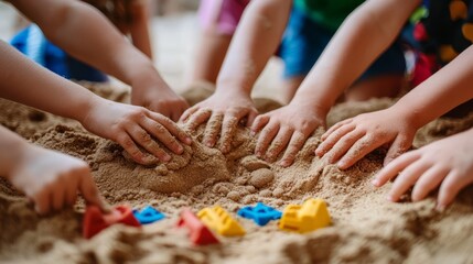 Creative playtime: kids engaged with sand in the playground. 