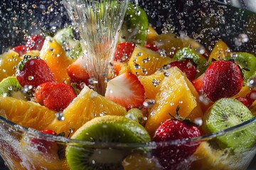 Fresh fruits being blended in a juicer with vibrant colors