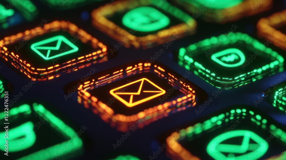 Poster vibrant close-up of colorful electronic buttons and email symbols