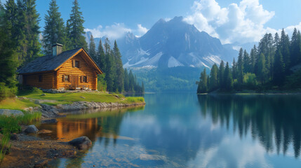 Naklejka premium Mountain Lake Cabin Retreat