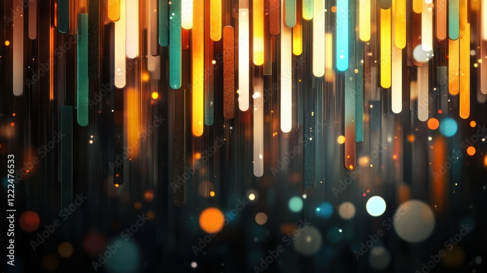 Poster colorful vertical lines and blurred bokeh on dark background
