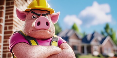 Fototapeta premium anthropomorphized pig construction worker standing outside brick house