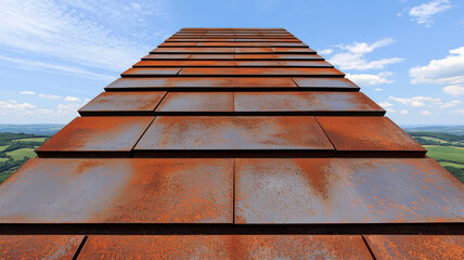 Naklejka premium The Artistic Beauty of Rust in Sculptures and Decor Themed, towering rusted steel monument set against blue sky and green hills