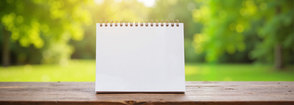 Spiral calendar mockup on wooden table against green background